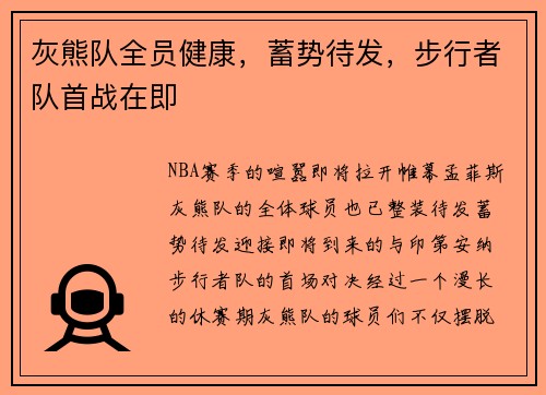 灰熊队全员健康,蓄势待发,步行者队首战在即